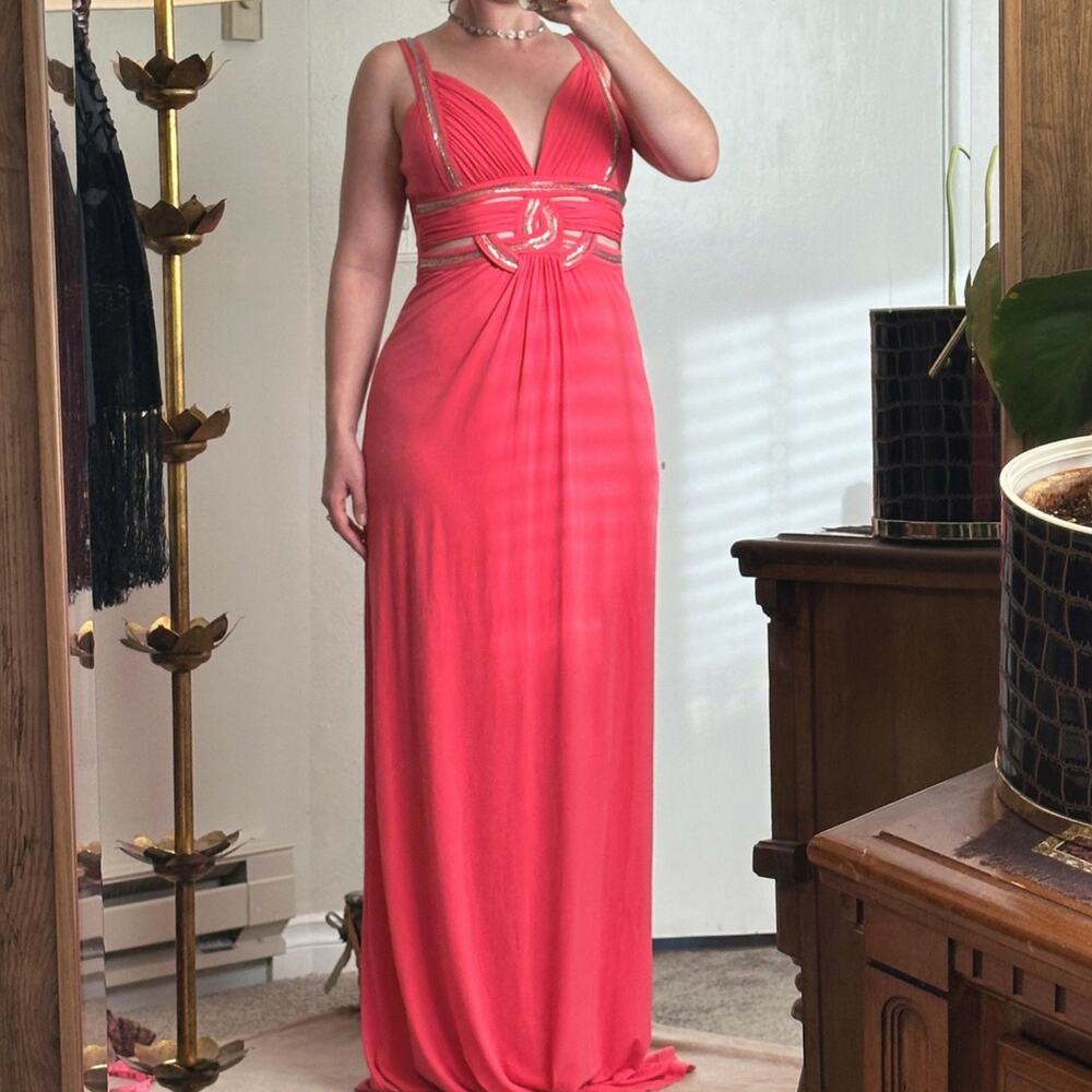 Guess Beaded Grecian Prom Dress Long Length Maxi Formal Coral Pink 2010s Silver